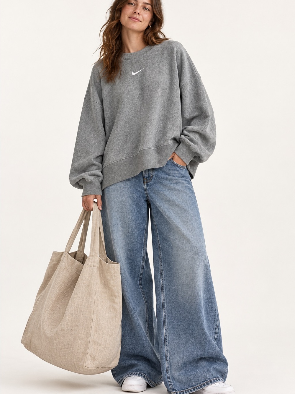 Nike Gray Oversized Swoosh Crewneck Sweatshirt
